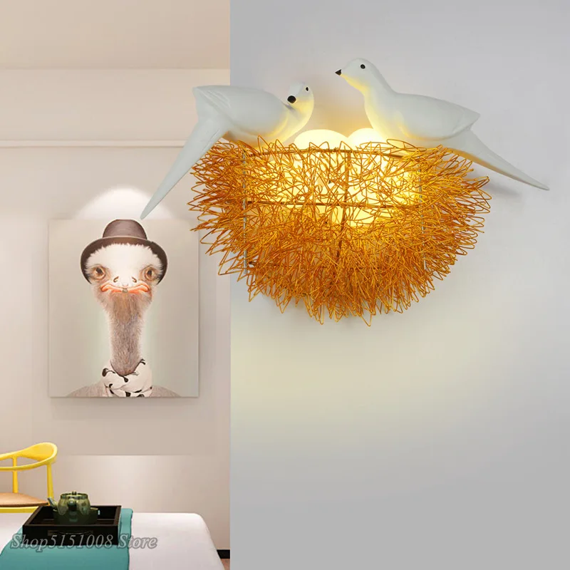 Gold Bird Nest Led Wall Lamp Modern Home Decoration Beside Lamp 3D Birds Wall Sconce for Children Living Room Study Wall Light