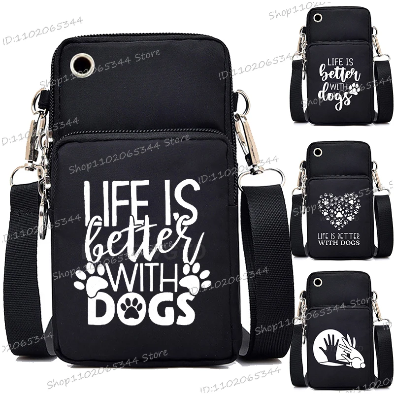 

Life Better with Dogs Print Vintage Mini Phone Bag for Women Men Fun Animal Letter Pattern Shoulder Bag Teen Fashion Handbags