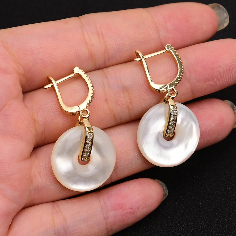 G-G Natural White Sea Shell Pearl Ping buckle Zircon Crystal Paved Gold Plated Stud Dangle Earrings Handmade Women Jewelry Gifts