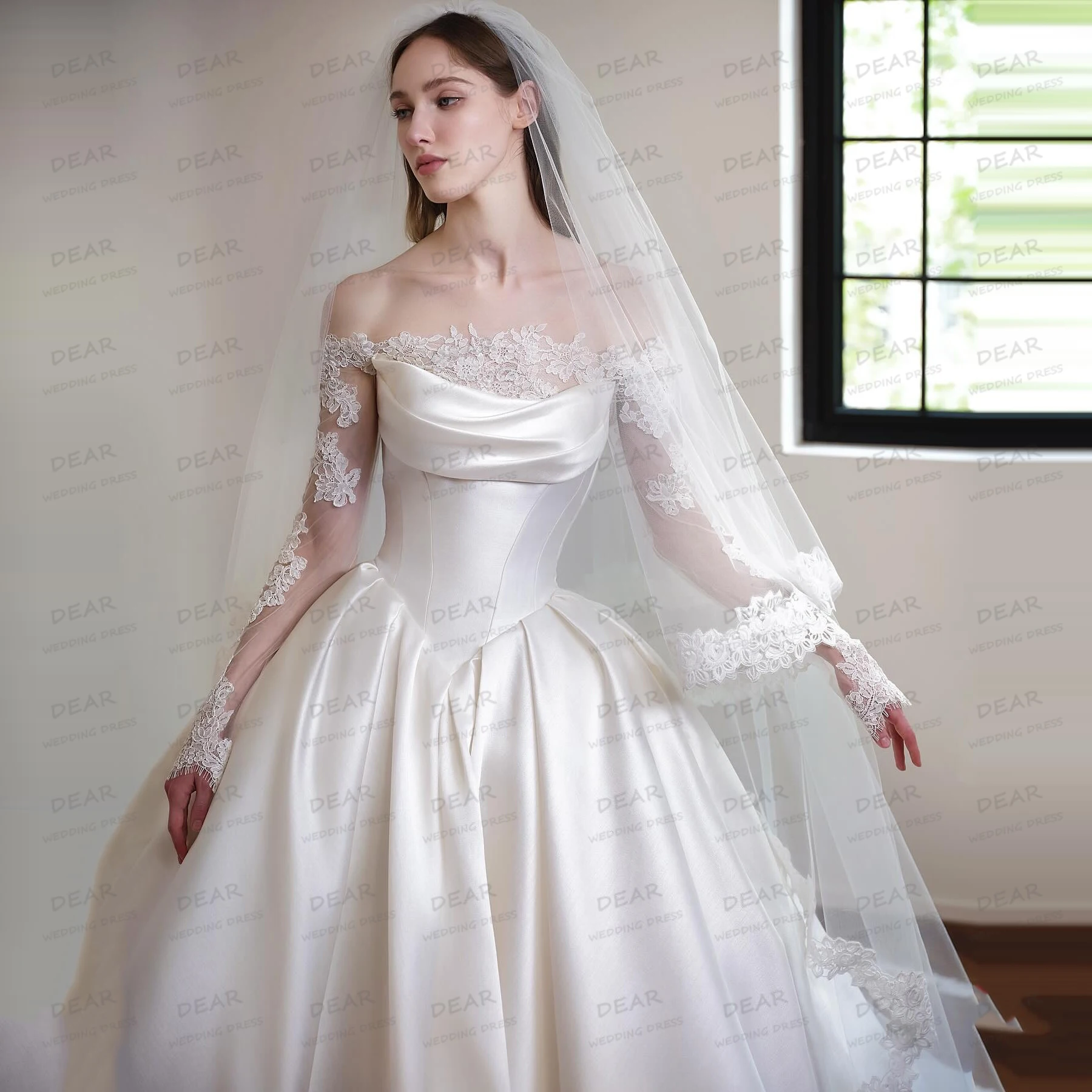 Luxuriöse 2026 Brautkleider für Damen, A-Linie, Spitze, lange Ärmel, Ballkleider, Satin, formelle Prinzessinnenkleider, Vestidos De Novia, maßgeschneidert – Detail 4
