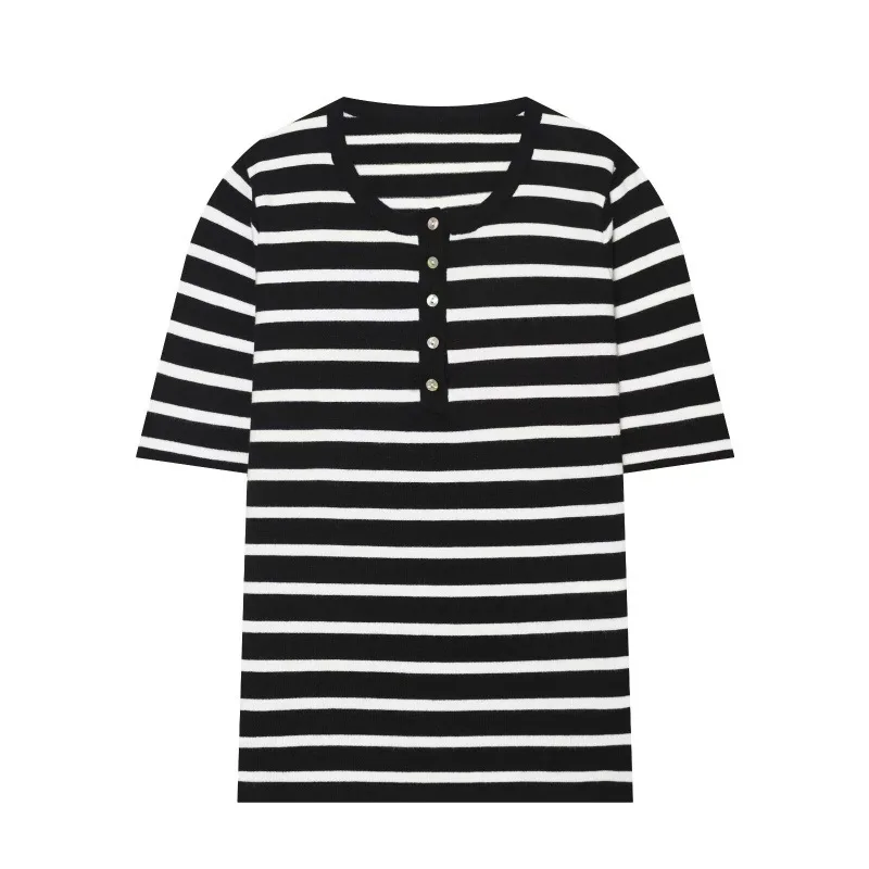 Maxdutti French Southern Minimalist Color Block Striped Commute Round Neck Short Sleeve T-shirt Woman Clothes Female Clothing