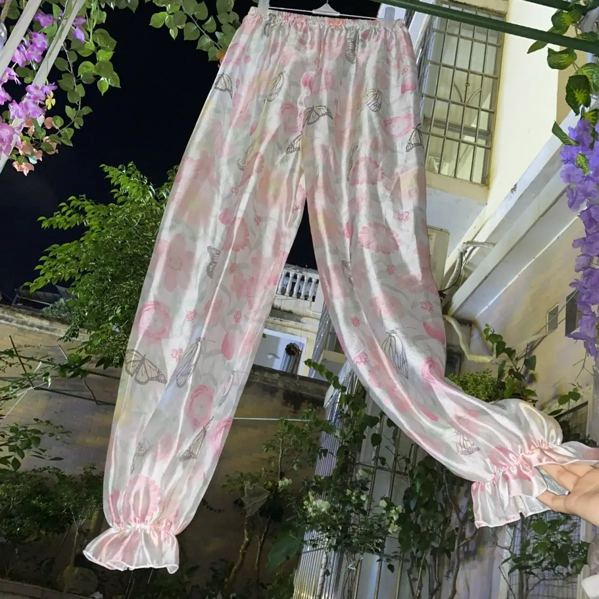 Floral print see through glossy pajamas pants Women Men lantern sleeping bottoms plus size trousers