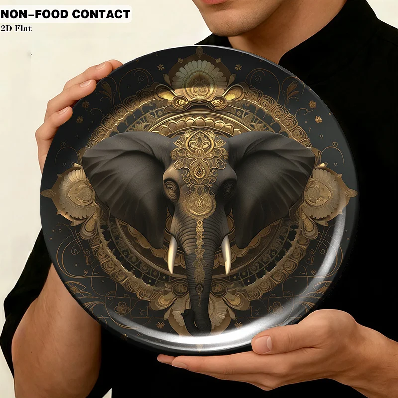 1pc Golden Elephant Mandala Wall Plate - Round Ceramic Decorative Plate Suitable for Non-Food Contact, Golden Elephant Mandala