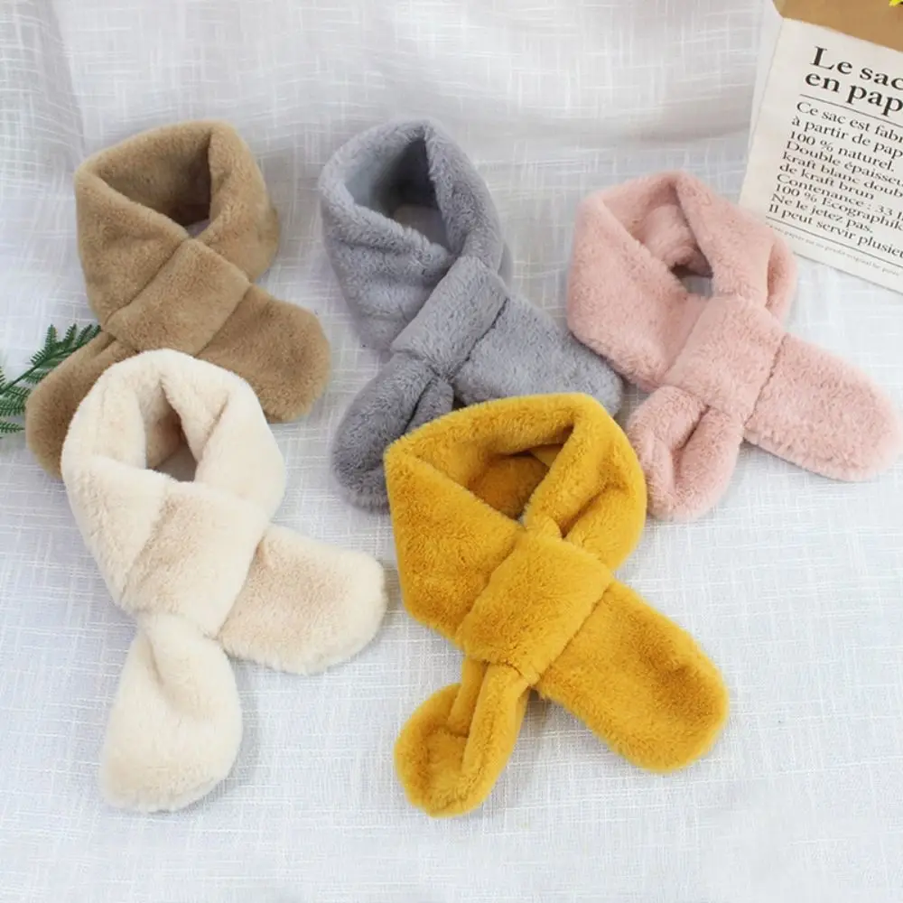 Solid Color Faux Rabbit Scarfs Children Boys Girls Winter Warm Thicken Cross Collar Scarf Fur Plush Cute Shawl Scarfs