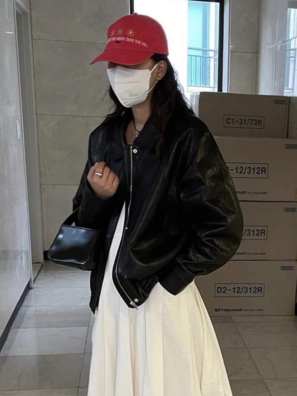 Ethos التخسيس Bla السائق ort بولي Leather الجلود Jaet المرأة فضفاضة تناسب الوقوف طوق دراجة نارية Sle Faionable ملابس خارجية
