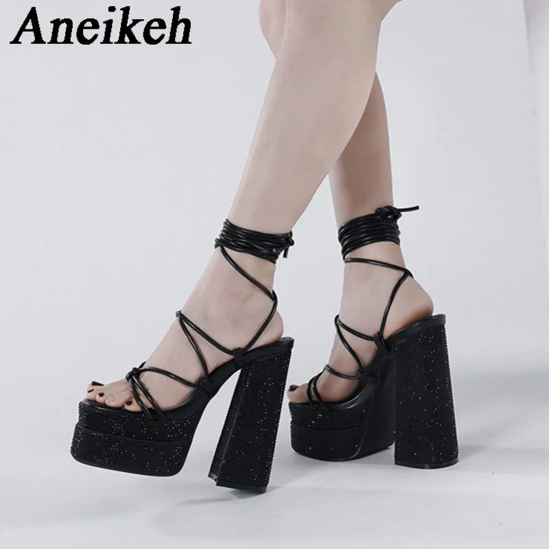 Aneikeh 2024 Fashion Sexy Platform Super High Heel Women\'s PU Open Toe Crystal Edging Thick Heel Lace up Sandals Party Nightclub