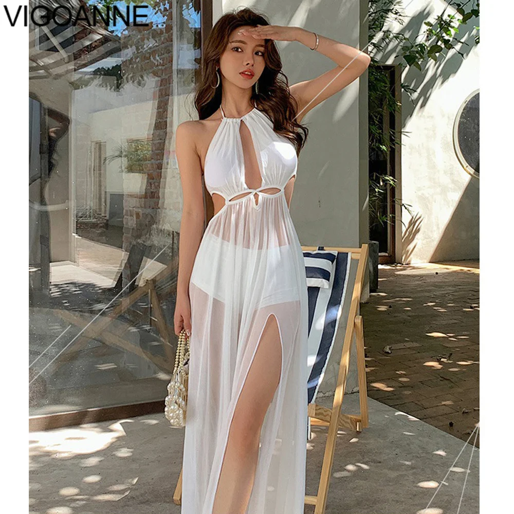 VigoAnne Sexy White Halter Swimwear Women 2025 Mesh Hollow Push Up One Piece Swimsuit Korean Slimfit Monokini Beach Bathing Suit