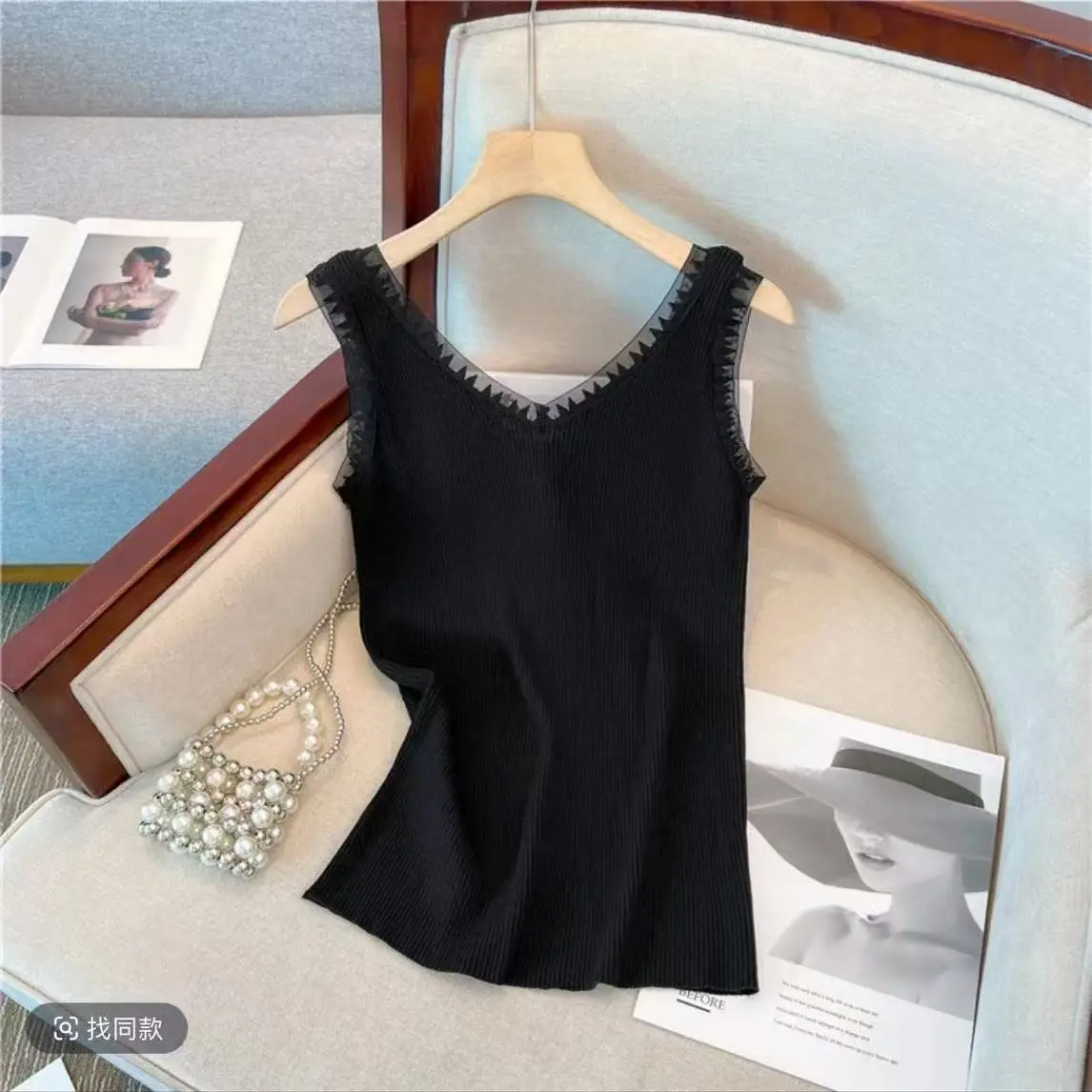 Rippstrick-Tanktop mit Spitzenbesatz, dehnbares, ärmelloses, tailliertes Leibchen für Damen, Sommer-Basic-Chic-Outfit