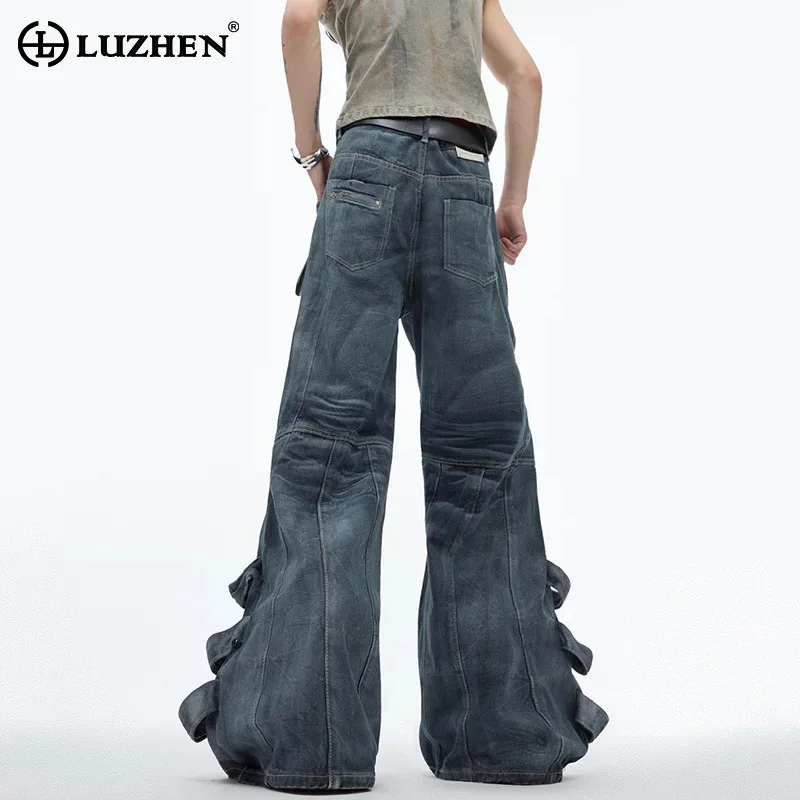 LUZHEN Stylish Splicing Strap Design High Street Loose Denim Pants Men's 2024 New Trendy Original Bell-bottoms Trousers LZ7513