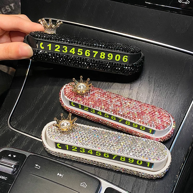 Creative Crown Rhinestones Temporary Car Parking Card Phone Number Card Plate Telephone Number Card Crystal Flower Car Stickers