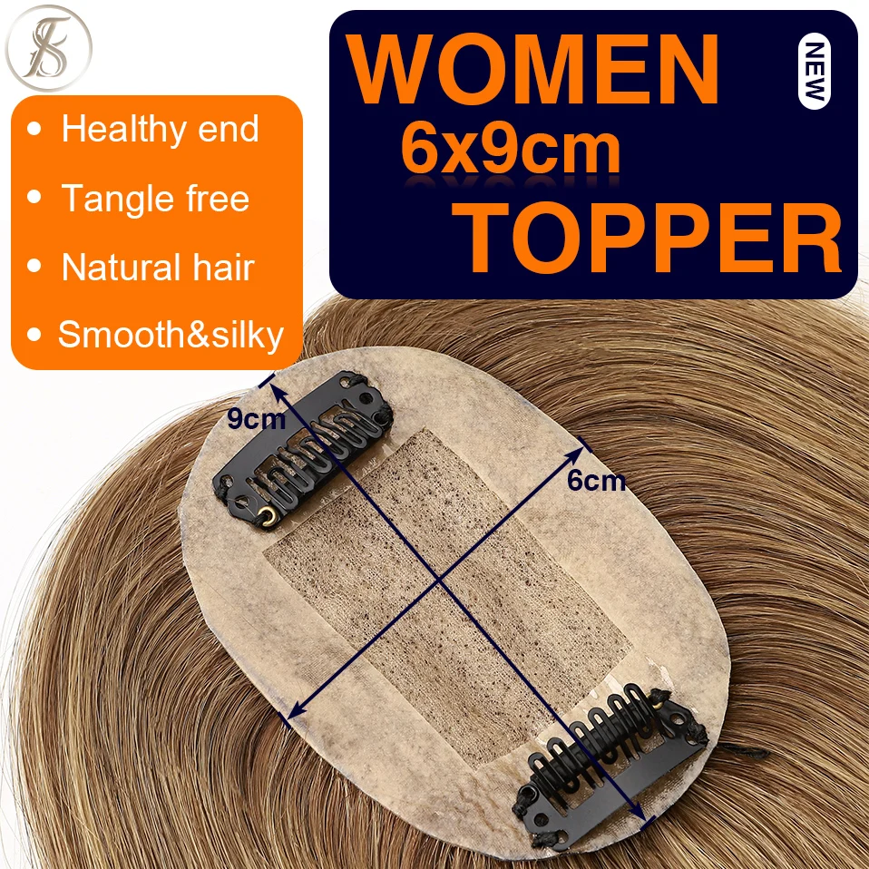 TESS Hair Topper 6x9cm Silk Base Women Topper Straight Natural Hairpiece Clip In Hair Extensions Human Hair Wig Solve Hair Loss