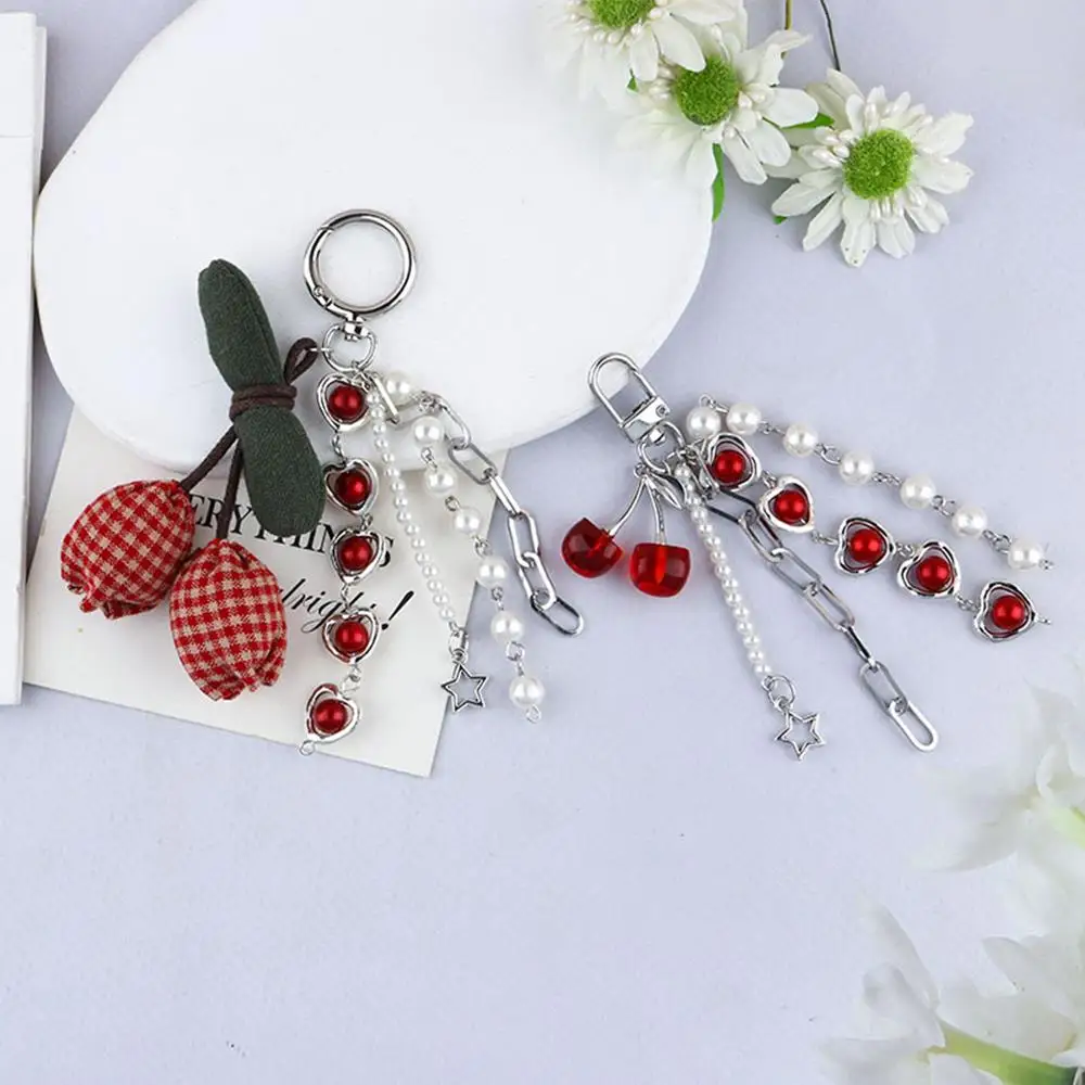 Y2K Phone Charm Pearl Heart Star Keychain Pendant Cute Cherry Shape Keyring Korean Fashion Bag Goth Chain Bag Hanging Accessory