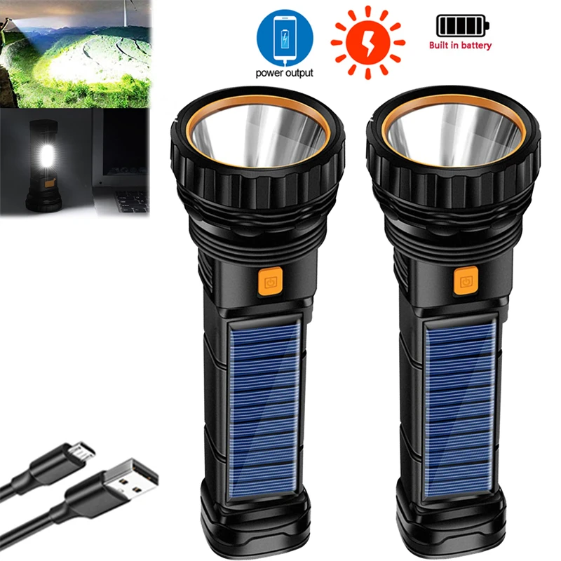 

Ultra-bright LED Tactical Flashlight Solar Light USB Rechargeable COB Lamp Portable Camping Torch with Built-in 18650 Battery