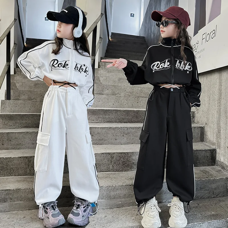 Kids Girl Fashion Streetwear Dance Clothes Set Short Zipper Coat Pants Sets Tracksuits Teen Clothing 3 5 7 9 11 13 15 Years Old