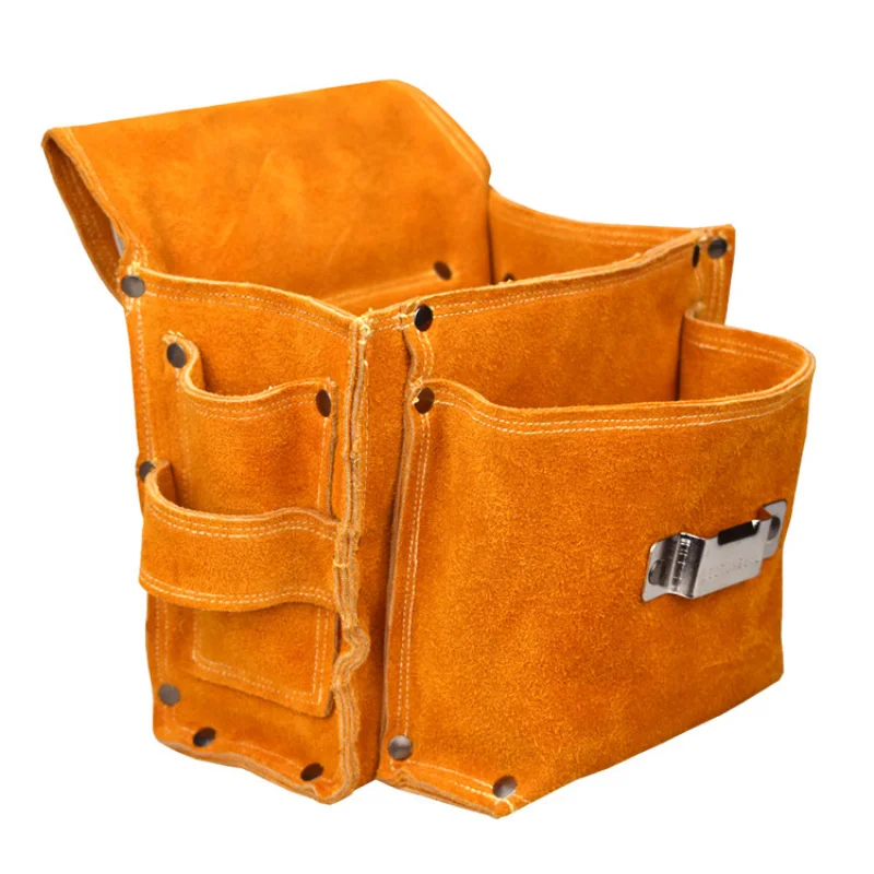 Carpenter Nail Pouch Cow Split Leather Multi Pocket Wear-resistant Waist Tool Bag Construction Builder Woodworking Nail Screw
