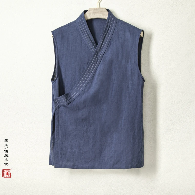 2023 Summer Chinese Traditional Clothing Hanfu Vest Men Linen Cotton Sleeveless Top Mens Tang Suit Kimono Cardigan Mens Slit Top