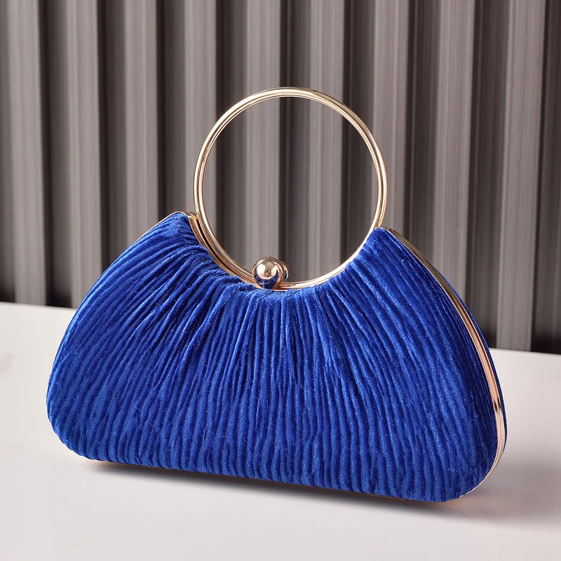 

Blue Handbag Crossbody Luxury Woman Evening Bag Pleated Velvet Party Purses Clutch Ladies Vintage Round Fashion Designer Wallet