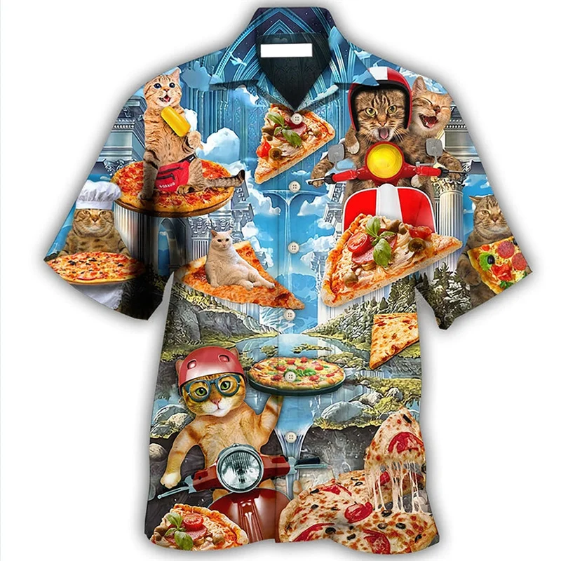 

Гавайская рубашка с рисунком милого кота для мужчин, рубашки с 3D-принтом животных, летние уличные Топы с коротким рукавом, крутая блузка с лацканами и пуговицами