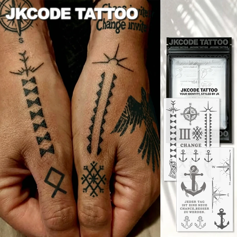 2-Piece Viking Semi-Permanent Tattoo Set |   Vintage Classic Style Nautical Compass Totem, Neck Tattoo |   Men's Waterproof Tattoos, Real and Fake Tattoos, Hand Tattoos, Magic Tattoos, Lasting 1-2 Weeks, Perfect Gift, Tattoo Supplies.