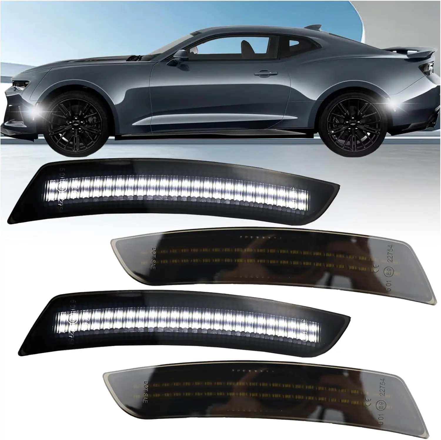 

4x White LED Side Marker Lights Front Rear Bumper Fender Marker Lamps For Chevy Camaro LS LT RS SS 1LE ZL1 2016 -2023 Smoke Lens