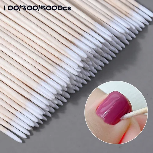 RHJB 100/300 Uds uñas hisopo de madera palos de limpieza punta de brote cabeza de algodón de madera manicura Detalle Corrector removedor de esmalte de uñas 7cm