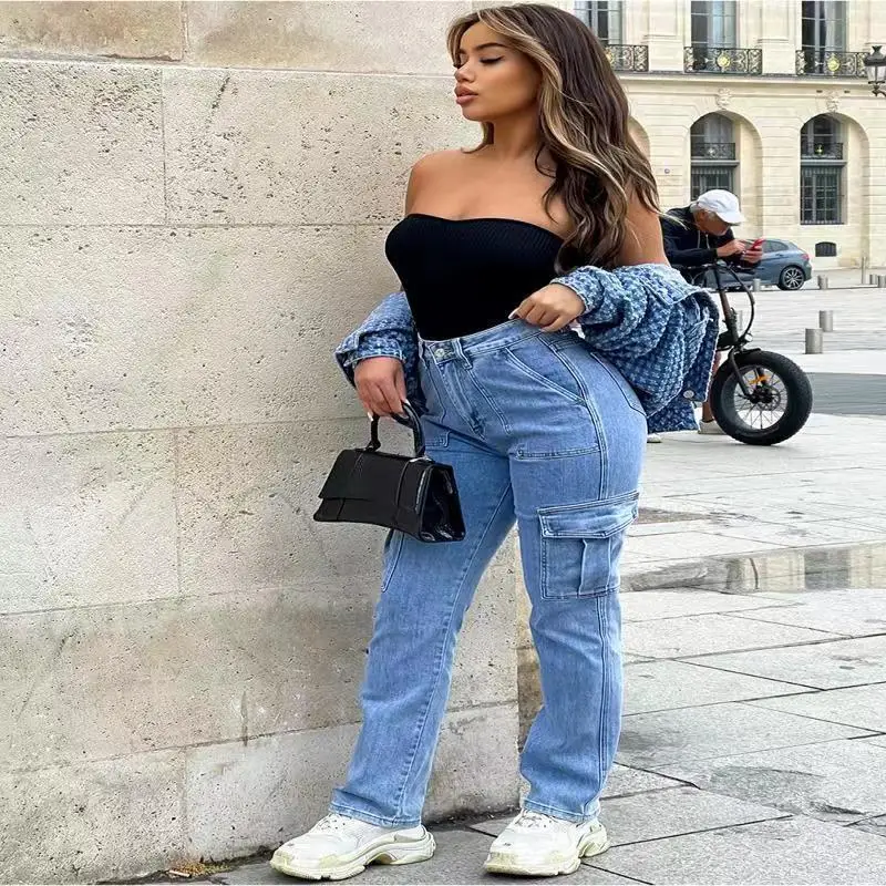 

Women's Casual High Waist Jeans Multi Pocket Wide Leg Pants Cotton Folded Fabric Teenage Universal Youth Spring Standard Fit