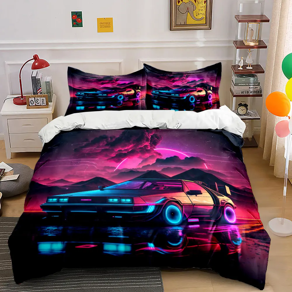 

Neon Sci-Fi Car at Night Pattern Duvet Cover Set Digital Print Colorful Polyester Bedding with Zipper Closur for kids gifts