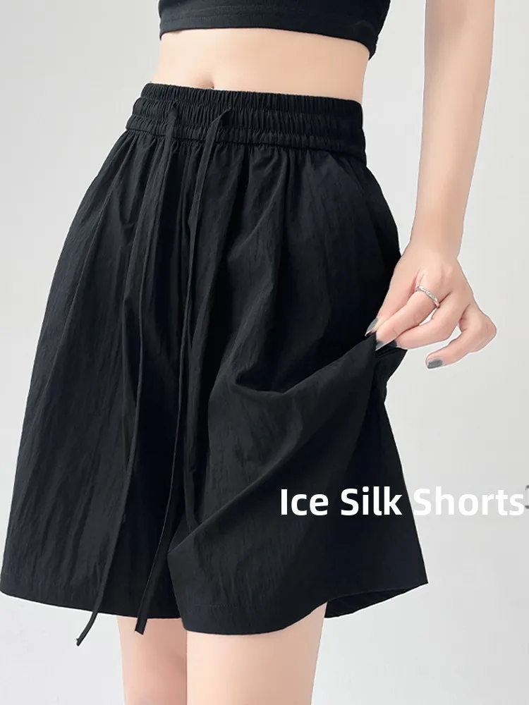 

Легкие летние женские брюки из ледяного шелка с высокой талией, утягивающие, быстросохнущие, широкие, длиной до колена