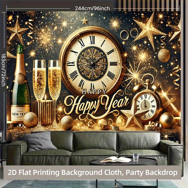 Bannière plate 2D noire de fond du nouvel an avec numéros de champagne, décoration de fête luxueuse réutilisable pour les mariages