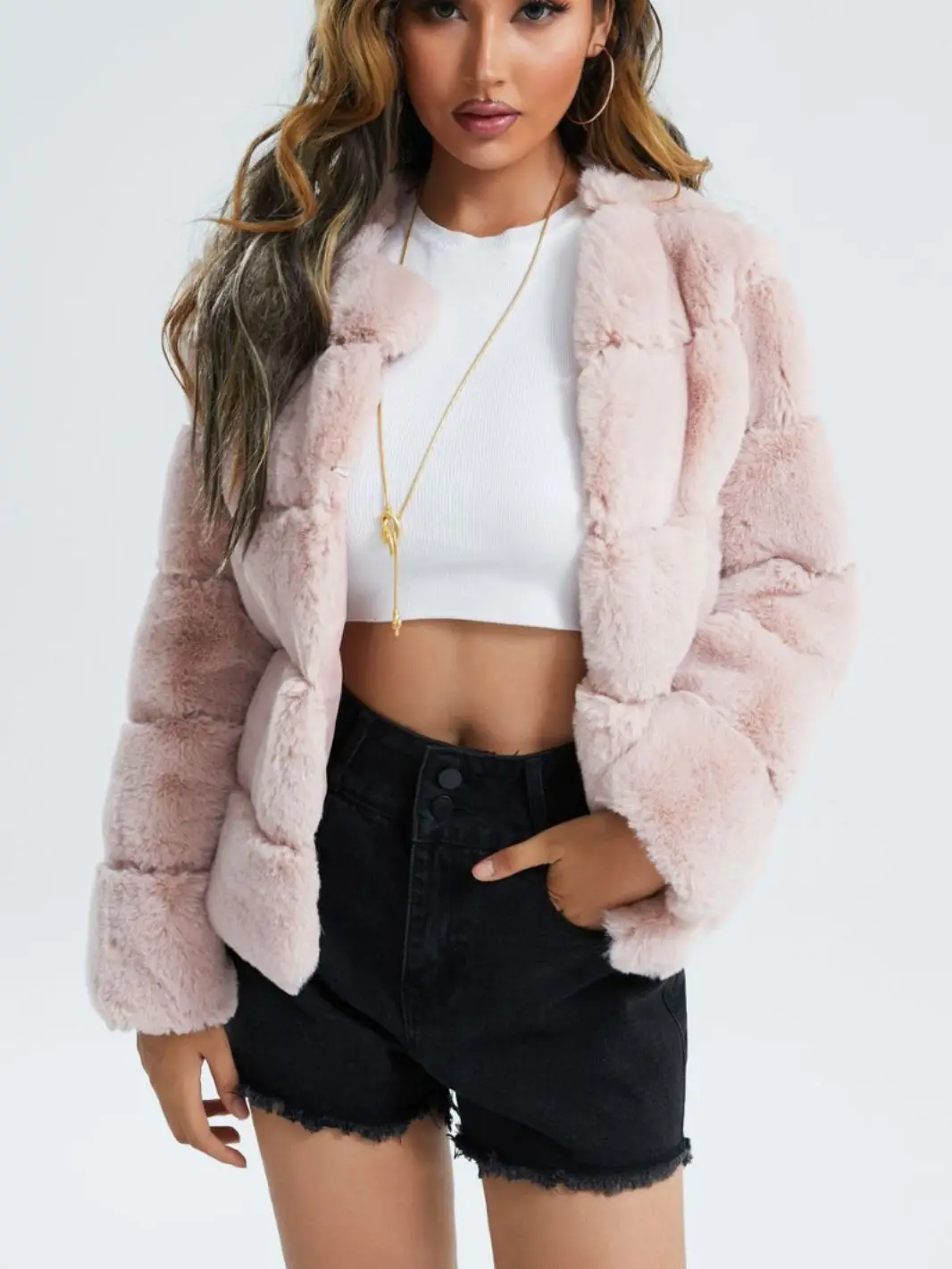 

Faux Fur Warm Women's Jacket Faux fox Fur Horizontal Splicing Faux Fur Commuting European and American Style