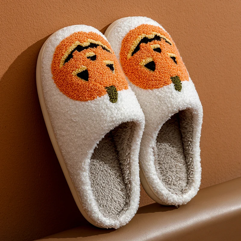 Women\'s Slippers Winter Halloween Funny Smile Pumpkin Indoor Cute Cartoon Slipper Bedroom Anti-slip Soft Causal Plush Shoes Gift