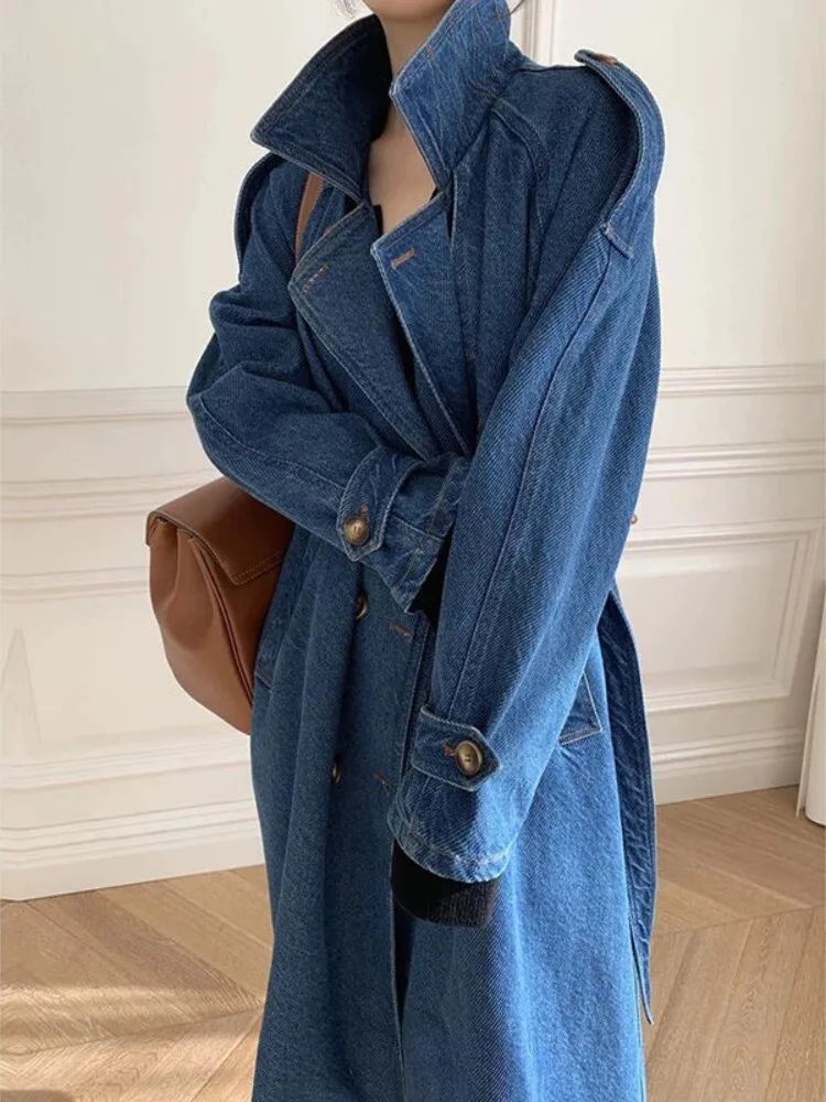 

Женская джинсовая юбка длиной миди с застежкой талии, возрастная юбка из смеси хлопка и полиэстера, длинный воротник свека