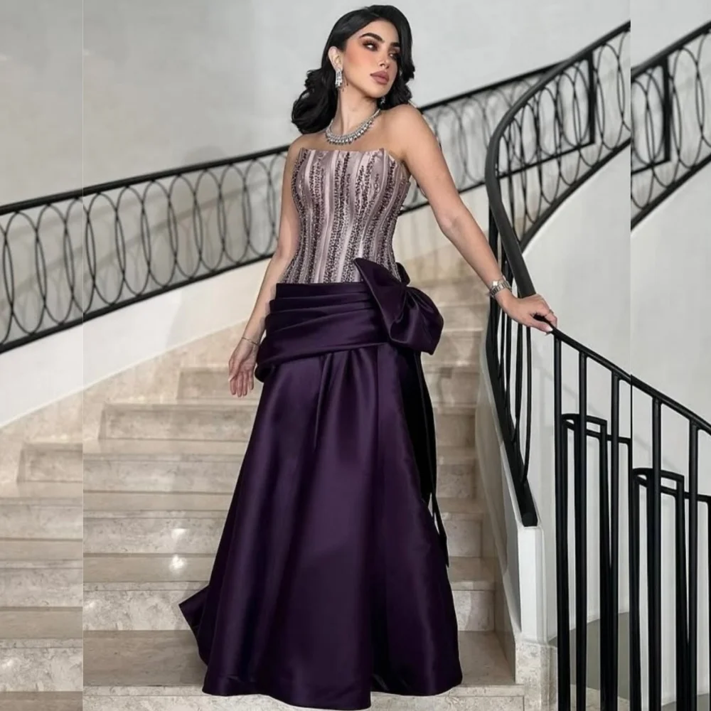 

Длинные платья трапециевидной формы без бретелек высокого качества Charmeuse со складками и блестками на заказ