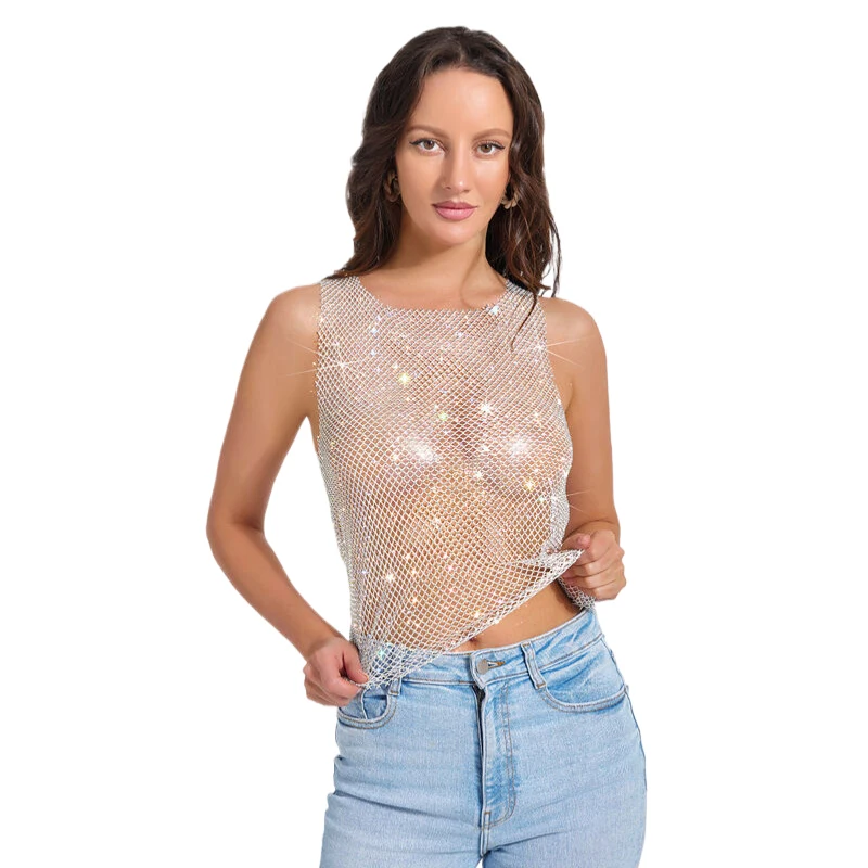 Damen Strass-Netz-Tanktop mit AB-Kristallen, ärmelloses, transparentes Überwurf-Oberteil für Nachtclub, Party, Festival, Weste, Kleid für Damen – Detail 1