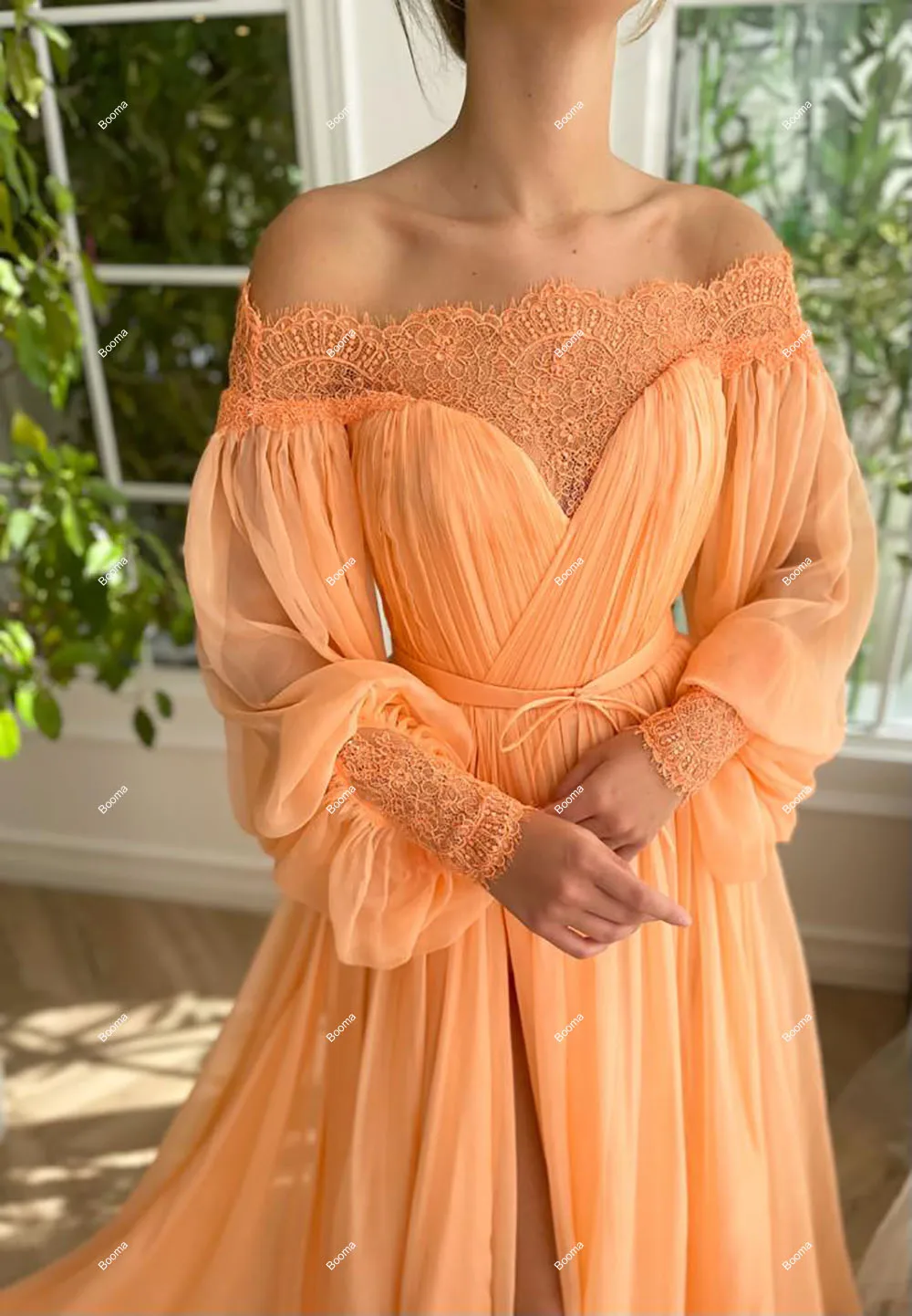 Booma Orange Chiffon Long Evening Dresses Boat Neck Puff Sleeves Party Prom Gowns Lace High Side Slit Women\'s Formal Dress