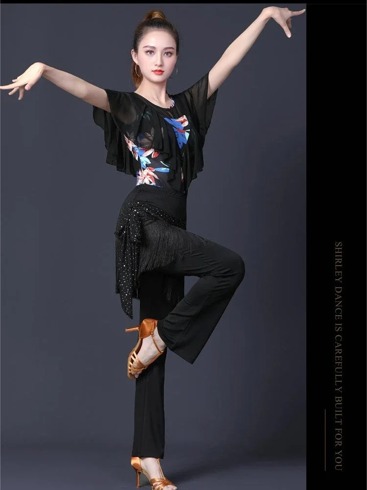 New Ruffled Latin Dance Costume Women Printed Square Dance Tops Women Ballroom Dance Clothes Performance Practice Clothes