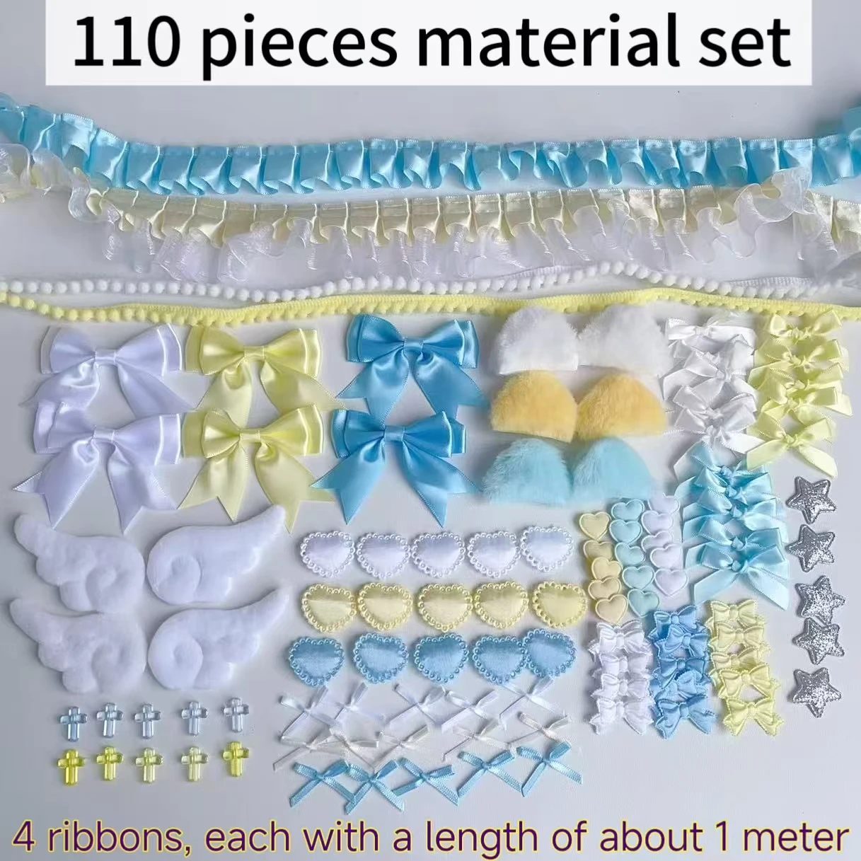 Juego de accesorios amarillos y azules de 110 piezas, conjunto de material de encaje, abanico de soporte, accesorios de bricolaje hechos a mano, belleza del valle dolorosa