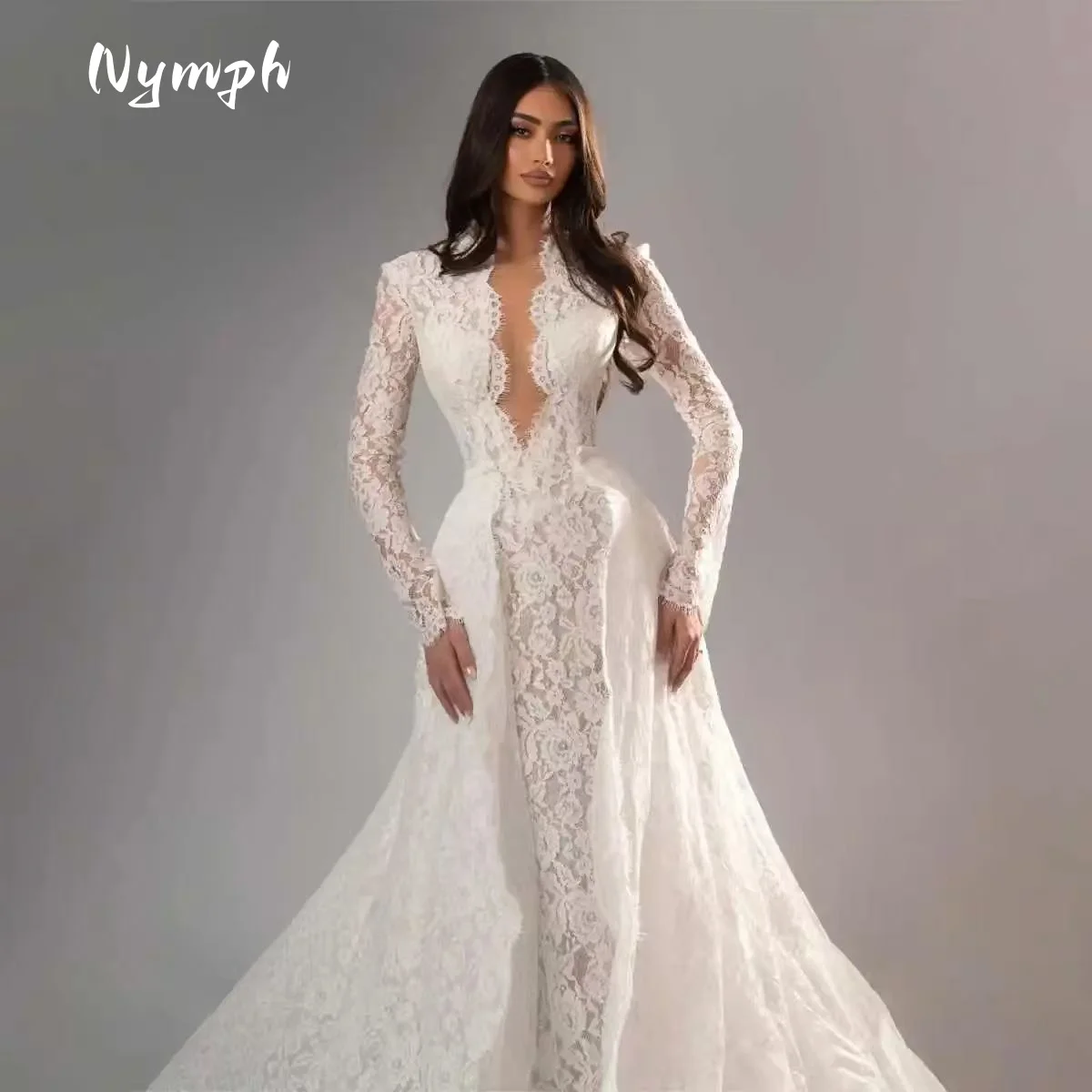 Elegant Mermaid Wedding Dresses Long Sleeve Lace Bride Gowns Detachable Train amanda novias official Bridal Dresses Customized