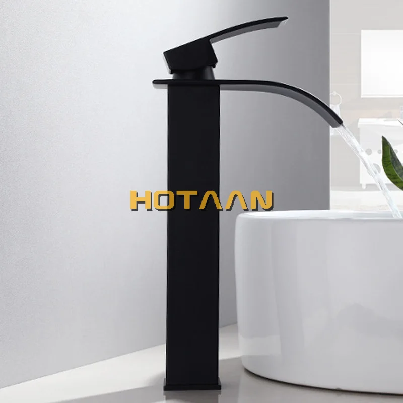 Waterfall Brass Basin Faucet Deck Mounted Single Lever Single Hole Cold&Hot Bathroom Basin Mixer Black Plated Tap