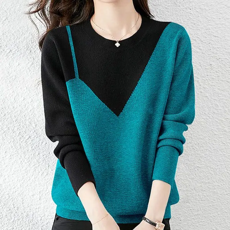 Fashion Autumn Winter Round Neck Patchwork Sweaters Female Long Sleeve Korean Loose Chic Contrasting Colors Knitted Jumpers