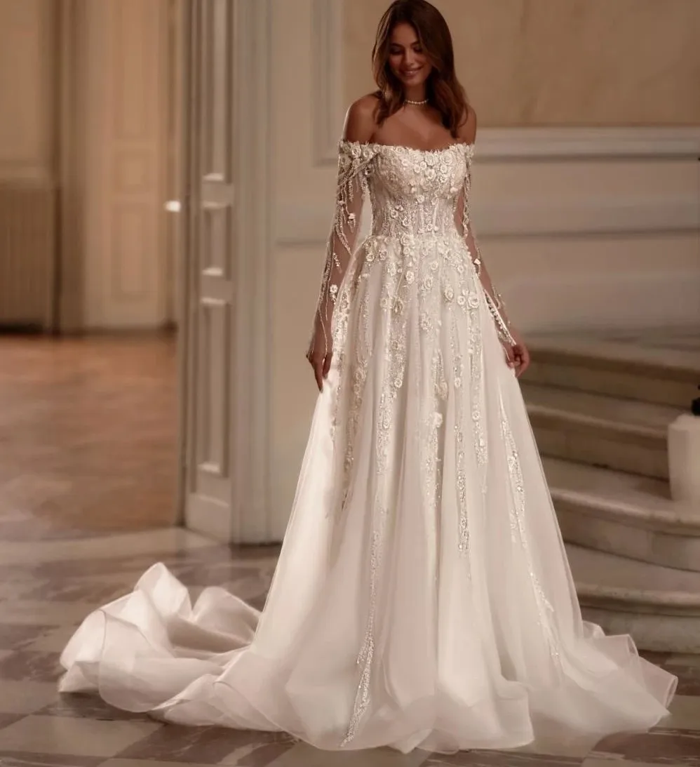

2025 Sexy Modern Wedding Dresses Off Shoulder 3D Flowers Lace Appliques Beads Graceful Bridal Bride Gowns Vestidos De Noiva