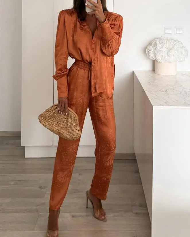 

V-Neck Button Up Long Sleeved Shirt Top and Drawstring Elastic Pants Set for Autumn Women's Casual Fashion 2-Piece Set