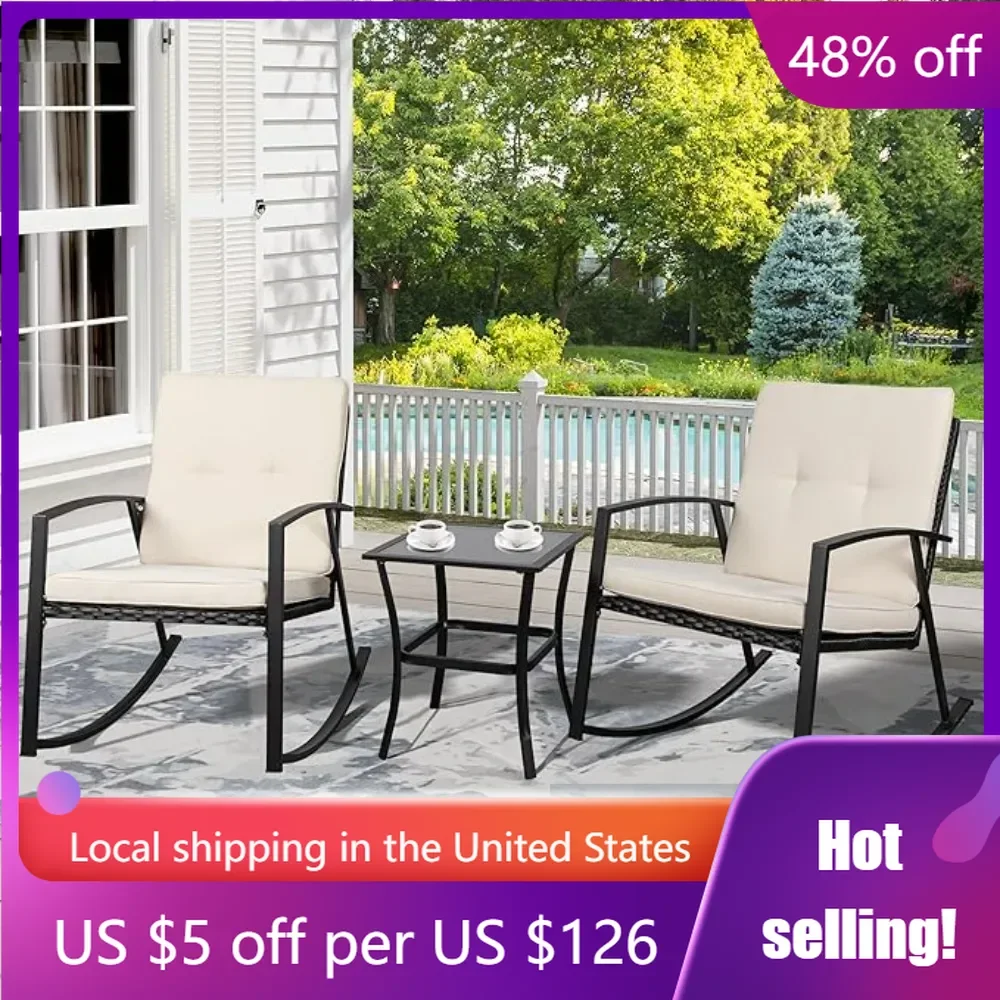 

3 Piece Wicker Rocking Chair Outdoor Bistro Sets With Coffee Table Frame Patio Furniture for Porch Balcony Freight Free Garden