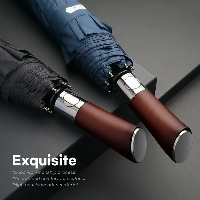 Windproof Large Umbrella Men 8 Ribs Fully Automatic Umbrella Heavy Rain Outdoor Wooden Folding Umbrellas Compact Parasol