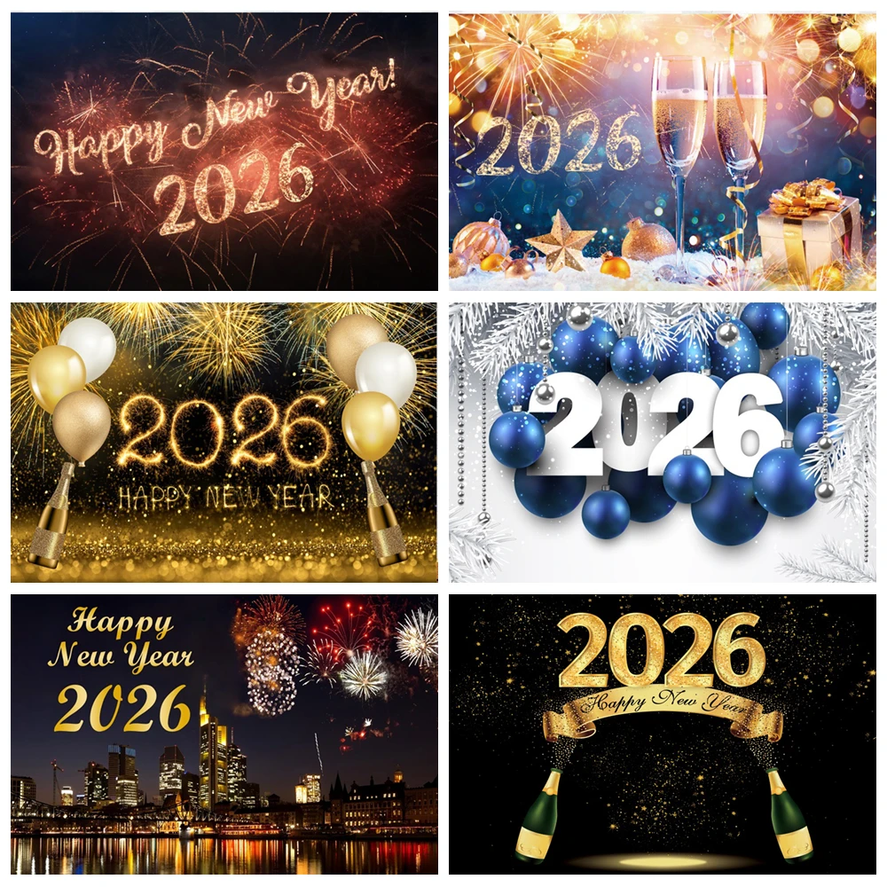 

2026 Happy New Year Backdrop Black Gold Colorful Lights New Year's Eve Family Party Decor Banner Photography Background Props ﻿
