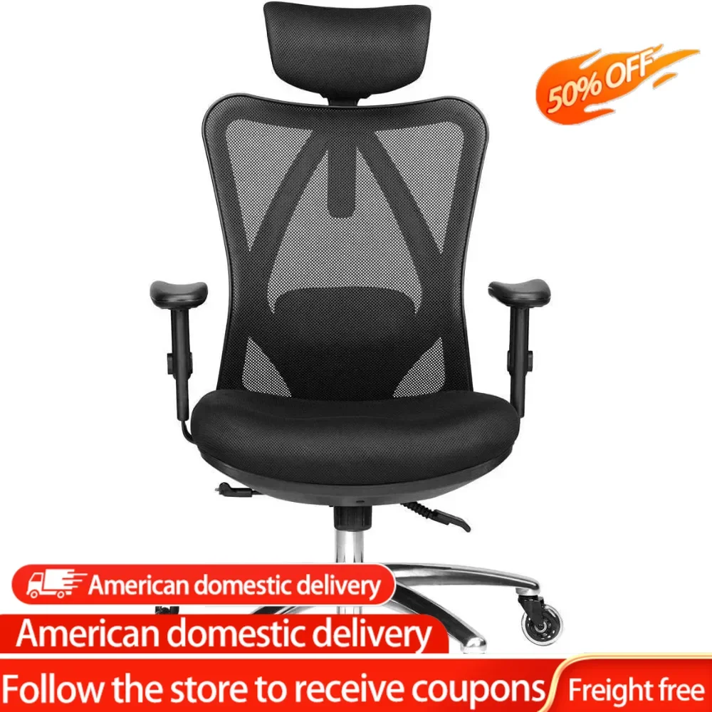 

Adjustable Desk Chair with Lumbar Support and Rollerblade Wheels with Breathable Mesh - Thick Seat Cushion, Head, and Arm Rests