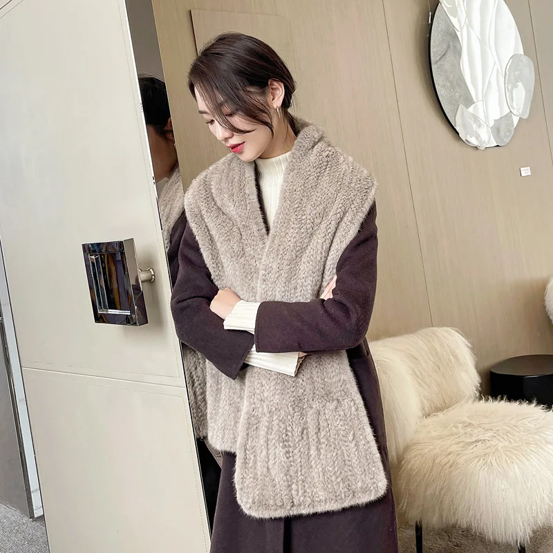 New Arrival Mink Fur Scarf Winter Neck Warmer Woven Mink Fur Shawls For Women Luxury Soft Real Fur Checkerboard scarf