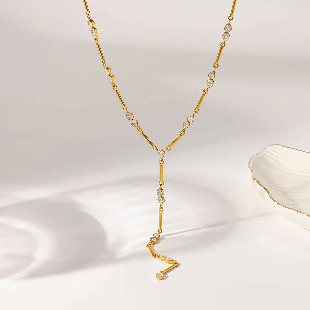 18K Gold Plated Waterdrop Cubic Zirconia Tassel Pendant Y-Shaped Chain Necklace Stainless Steel Unique Layering Jewelry for Her