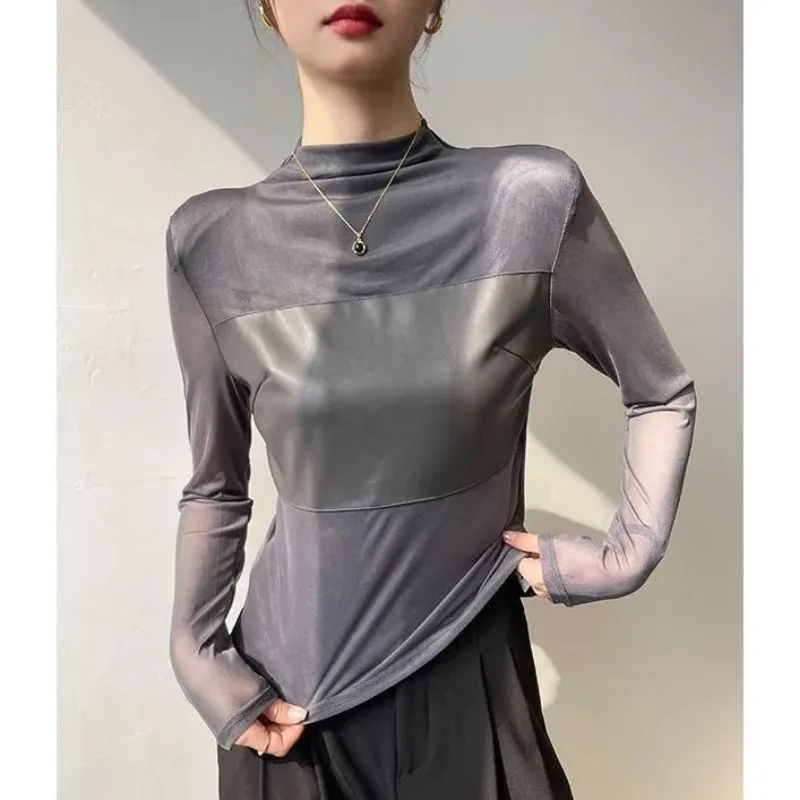 Half Turtleneck Long-sleeved T-shirt For Women New Spring Autumn Mesh Inner Layering Shirt Slimming Top