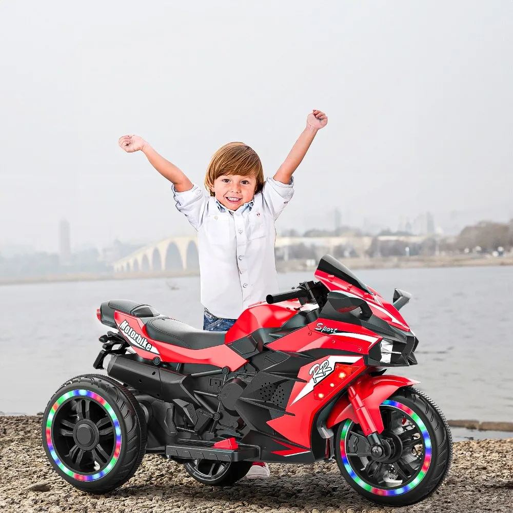 

Electric Motorcycle for Kids, 12V Battery Powered Ride on Toys 3 Wheels Motorcycle with LED Lights, Bluetooth Music, Red